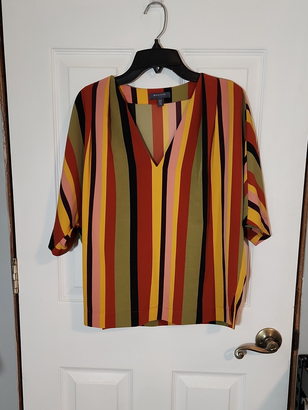 Madison Striped V-Neck Blouse in Rust, Olive, Mustard, Pink & Black